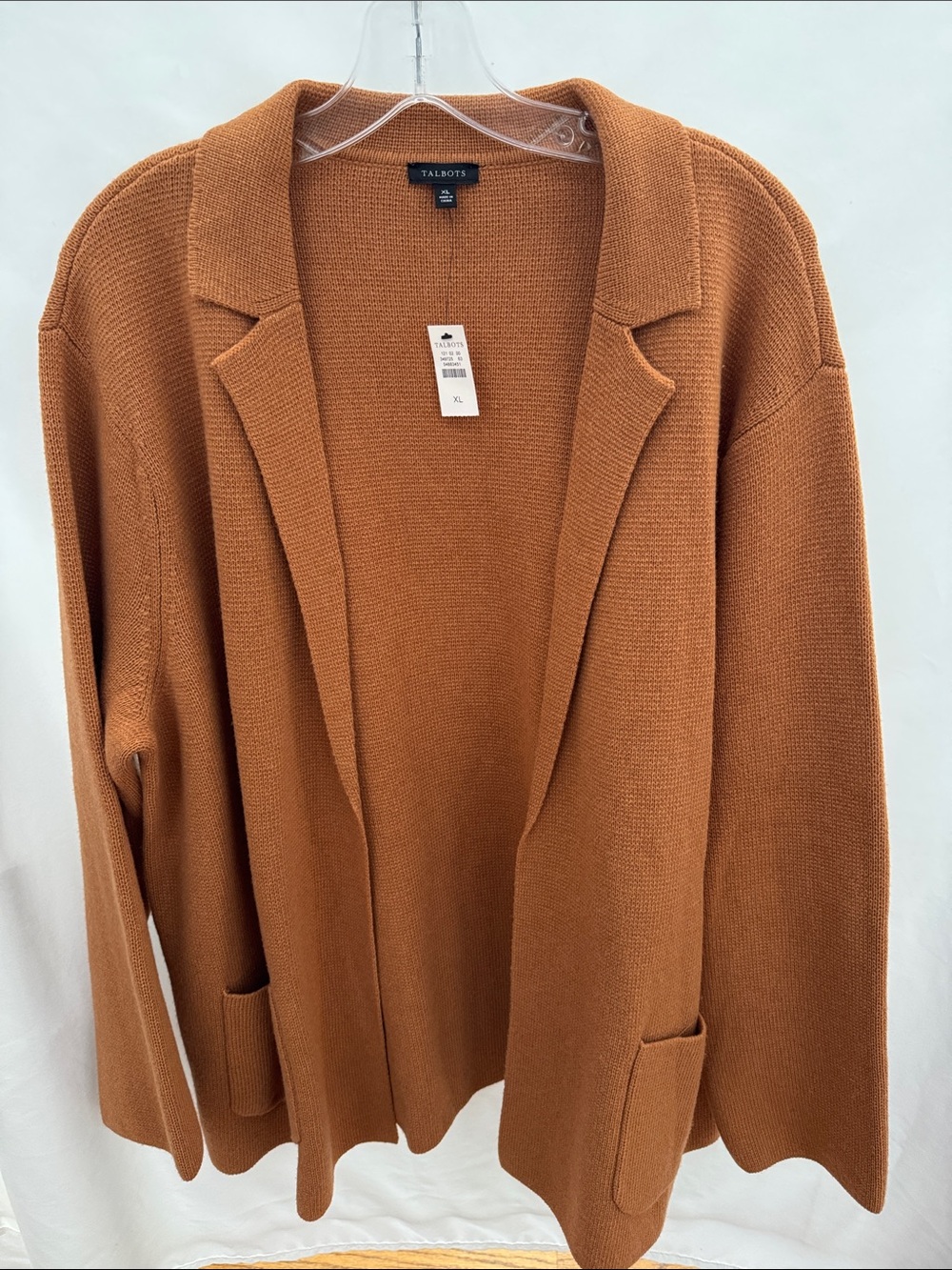 Talbots Open-Front Knit Blazer in Caramel Brown. 35% Wool. Size XL.